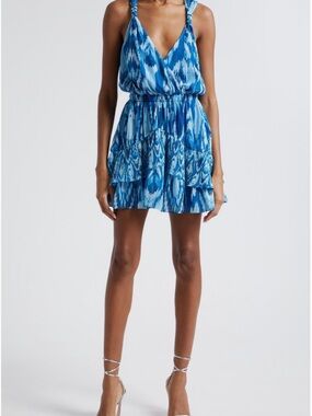 Ramy Brook Teal & White Ikat Faux-Wrap Sleeveless Mini Dress